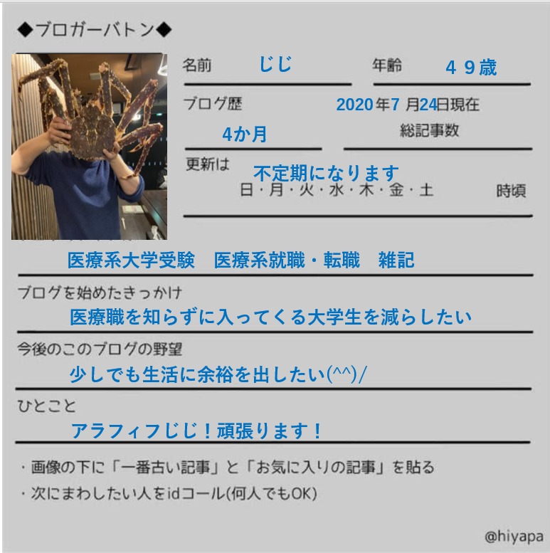 医療系大学教授ブロガーじじ ブロガーバトンに挑戦の巻 医療系大学教授の挑戦